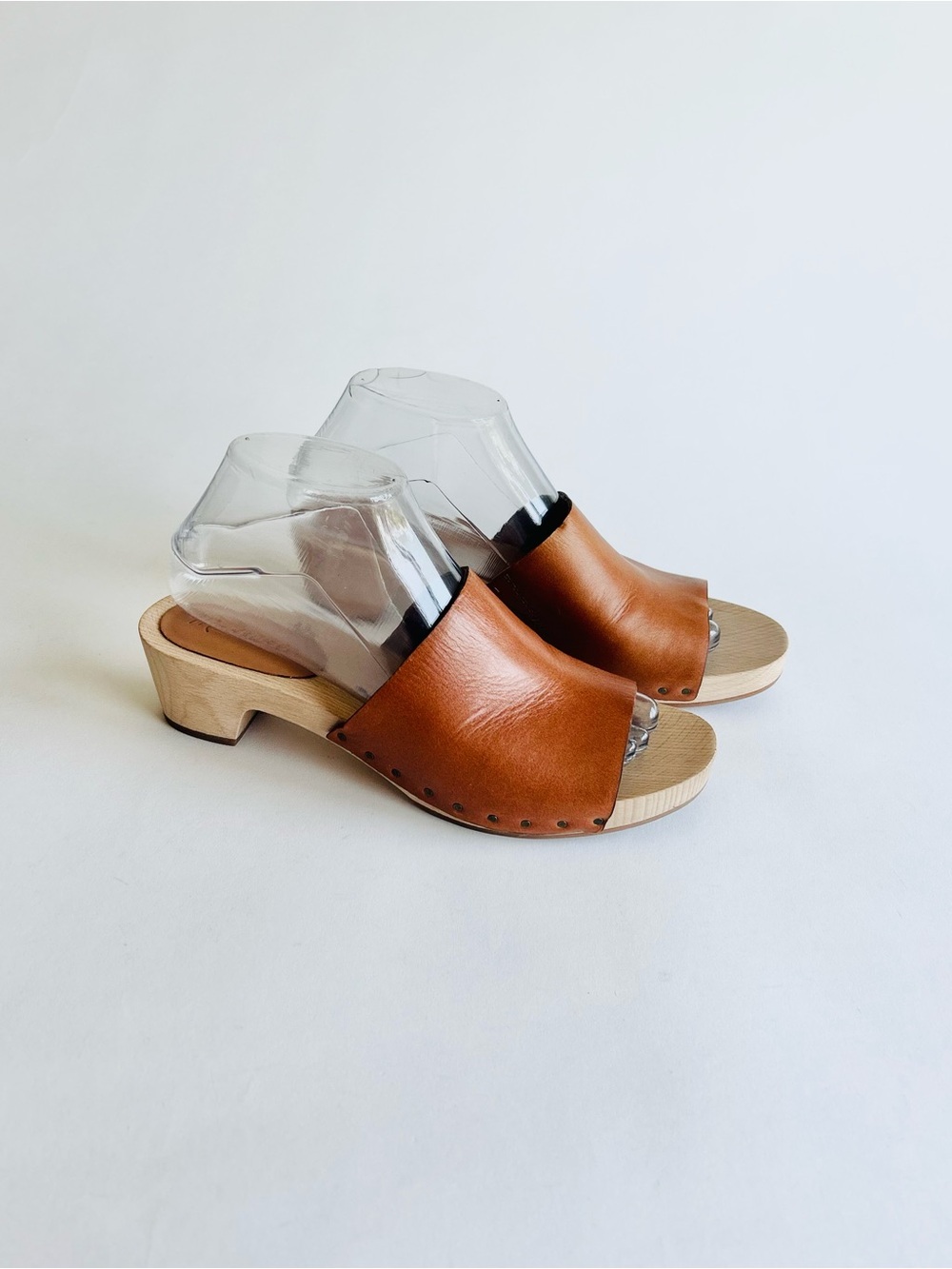 Madewell Tan Leather Wood Platform Heel Clogs Sandals size 7.5